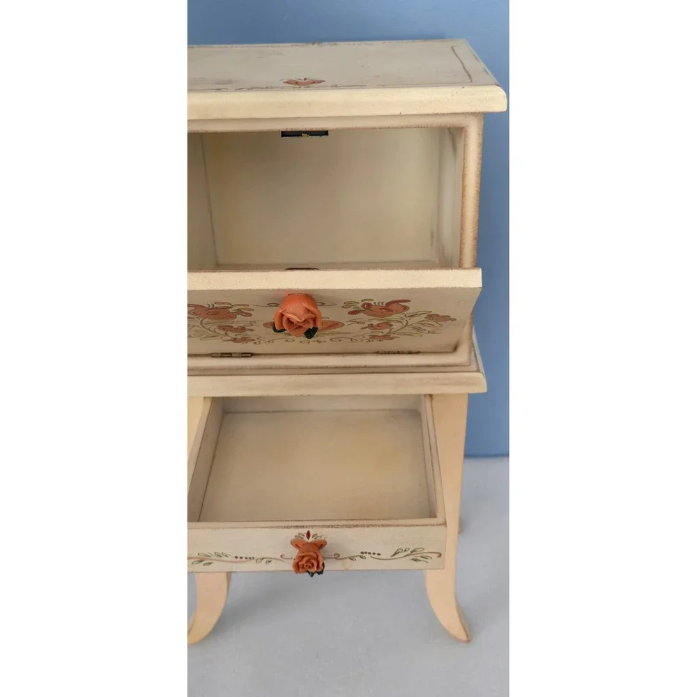 Vintage Hand Painted Floral Heart Wooden Jewelry Armoire Mini Vanity Chest 16in